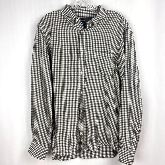 Vince Linen Shirt Size M‎ Teal Blue Brown Gingham Check Academia Preppy Classic - Picture 1 of 7